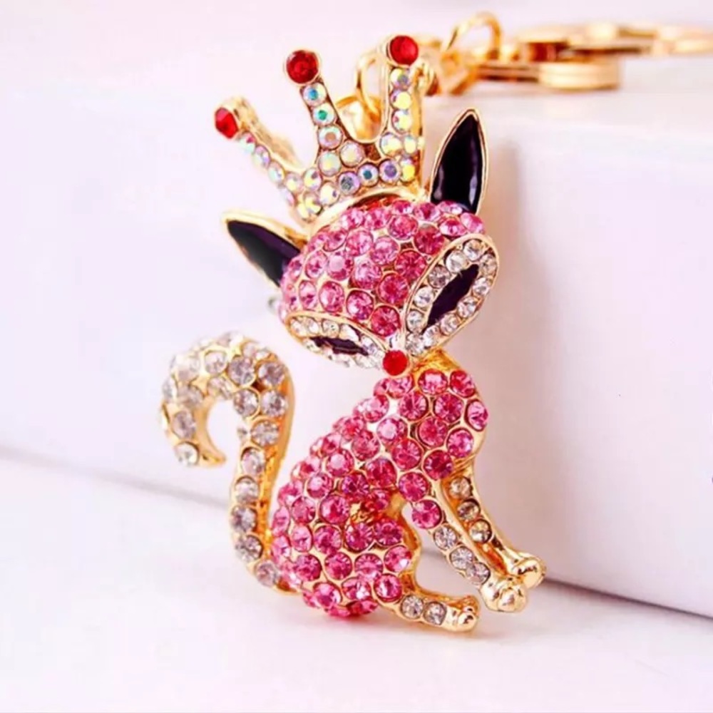 Crowned Pink Crystal Fox Keychain Charm - Picture 2 of 15